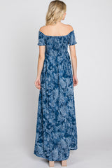 Navy Floral Off Shoulder Smocked Maxi Dress