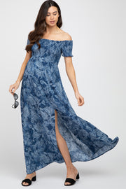 Navy Floral Off Shoulder Smocked Maternity Maxi Dress