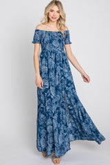 Navy Floral Off Shoulder Smocked Maxi Dress