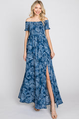 Navy Floral Off Shoulder Smocked Maxi Dress