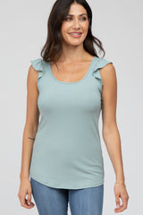 Mint Green Ribbed Ruffle Shoulder Maternity Tank Top