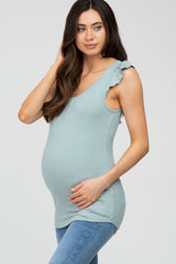 Mint Green Ribbed Ruffle Shoulder Maternity Tank Top