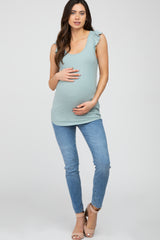 Mint Green Ribbed Ruffle Shoulder Maternity Tank Top