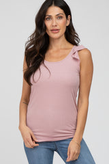 Pink Ribbed Ruffle Shoulder Maternity Tank Top