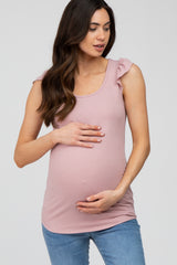 Pink Ribbed Ruffle Shoulder Maternity Tank Top