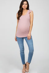 Pink Ribbed Ruffle Shoulder Maternity Tank Top