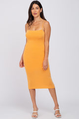 Orange Square Neck Fitted Midi Dress