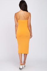 Orange Square Neck Fitted Midi Dress