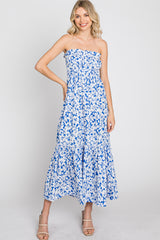 Blue Floral Strapless Ruffle Hem Maternity Midi Dress