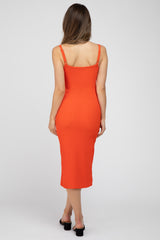 Orange Ribbed Fitted Side Slit Maternity Dress