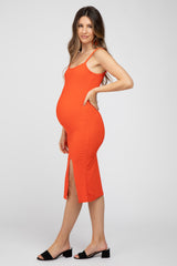 Orange Ribbed Fitted Side Slit Maternity Dress