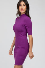 Purple 3/4 Sleeve Mock Neck Ribbed Fitted Dress