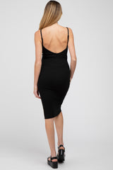 Black Ribbed Button Front Maternity Dress