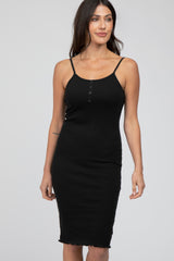 Black Ribbed Button Front Dress