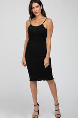 Black Ribbed Button Front Maternity Dress