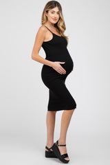 Black Ribbed Button Front Maternity Dress