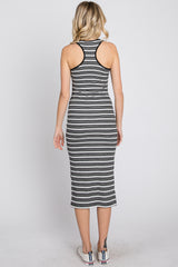 Black White Striped Ribbed Fitted Midi Dress