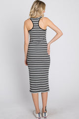 Black White Striped Ribbed Fitted Midi Dress