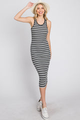 Black White Striped Ribbed Fitted Midi Dress