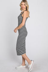 Black White Striped Ribbed Fitted Midi Dress