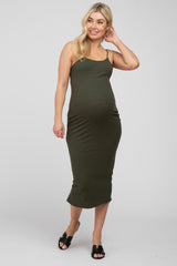 Olive Ribbed Maternity Midi Dress