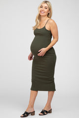 Olive Ribbed Maternity Midi Dress