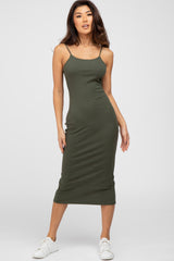 Olive Ribbed Maternity Midi Dress