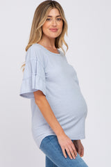 Light Blue Ruffle Sleeve Ribbed Maternity Top