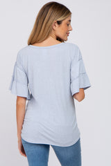 Light Blue Ruffle Sleeve Ribbed Maternity Top