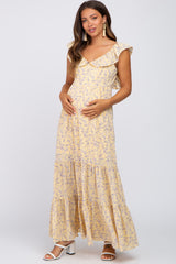 Yellow Floral Ruffle Tiered Maternity Maxi Dress