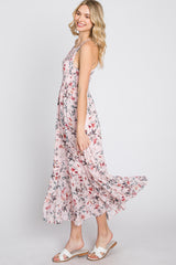 Pink Floral Chiffon Smocked Midi Dress