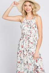 White Floral Chiffon Smocked Midi Dress