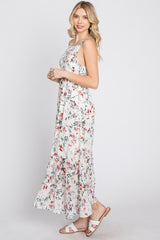 White Floral Chiffon Smocked Midi Dress