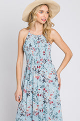 Light Blue Floral Chiffon Smocked Midi Dress