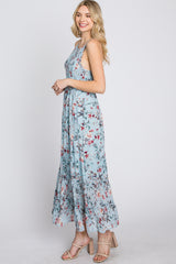 Light Blue Floral Chiffon Smocked Midi Dress