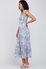 Blue Floral Smocked Tiered Maxi Dress