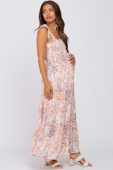 Peach Floral Smocked Tiered Maternity Maxi Dress