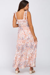 Peach Floral Smocked Tiered Maternity Maxi Dress