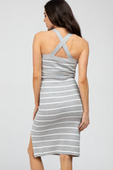 Heather Grey Striped Side Slit Maternity Midi Dress