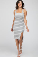 Heather Grey Striped Side Slit Maternity Midi Dress