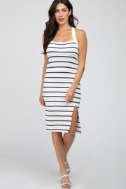 White Striped Side Slit Midi Dress