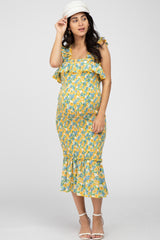 Yellow Multi Color Floral Smocked Fitted Maternity Midi Dress