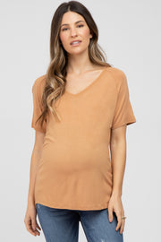 Camel V-Neck Short Sleeve Maternity Top