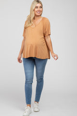 Camel Basic Raglan Short Sleeve Maternity Top