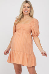 Peach Flower Embroidered Sweetheart Neck Bubble Sleeve Maternity Dress