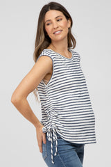 Navy Striped Sleeveless Ruched Maternity Top