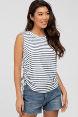 Navy Striped Sleeveless Ruched Maternity Top