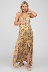 Yellow Floral Paisely Side Slit Maternity Maxi Dress