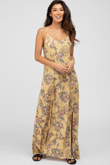 Yellow Floral Paisely Side Slit Maternity Maxi Dress