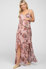 Pink Floral Paisely Side Slit Maternity Maxi Dress